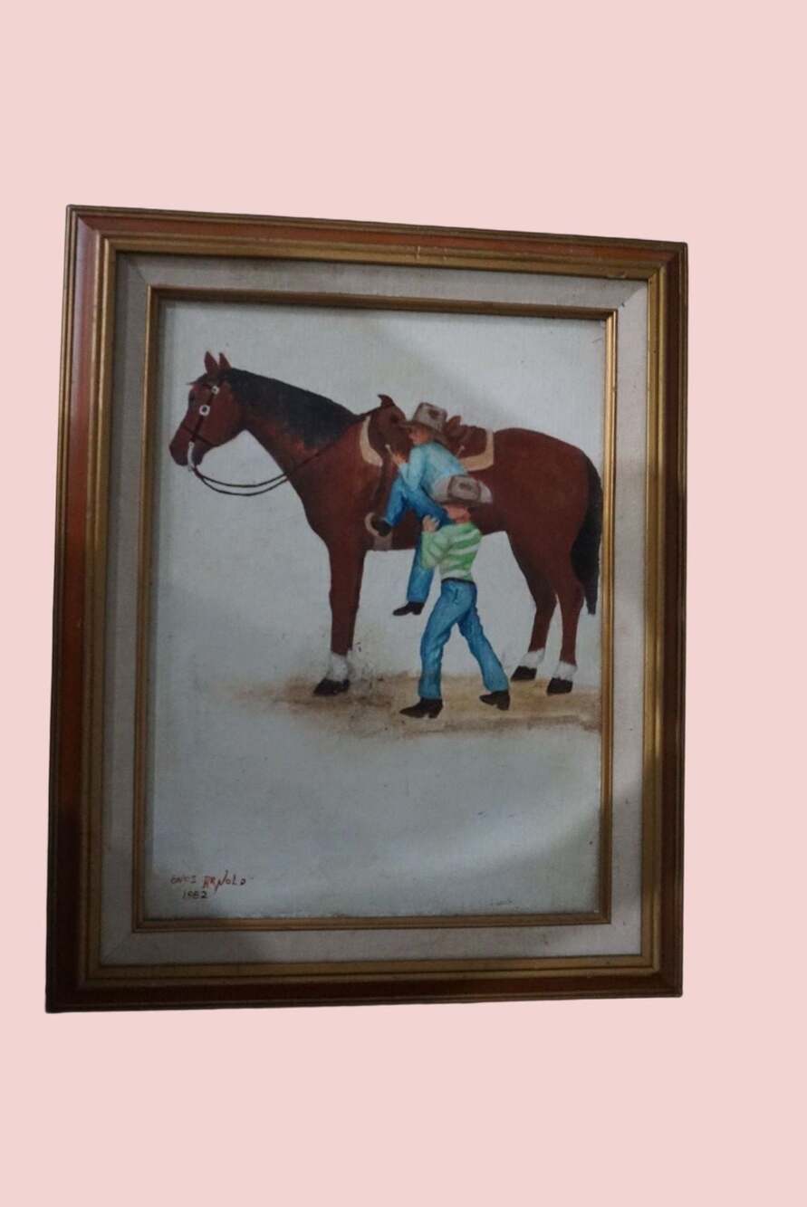 Vintage Original Painting of Cowboys &  Horse by Enos Arnold, 1982